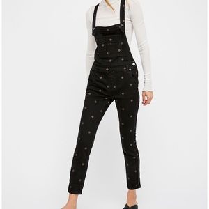 Free People Metallic Embroidered Denim Overalls